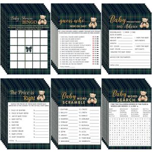 Jetec 302 Pcs Baby Shower Games, 6 Games, 50 Sheets Each, Baby Shower, Word Scramble, Word Search, Predictions and Advice, Babys Price Right, Guess Game(Blue Green Tartan Plaid)
