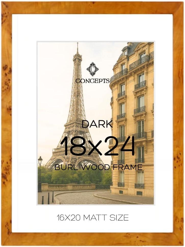 Concepts Pack of 1-18X24 Burl Wood Picture Frames with Double Mat (16X20), Dark Wood Finish, Eco-Friendly Packaging  Elegant Wallhung Decor for Family Photos