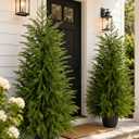 4FT Lighted Artificial Topiary Trees Outdoor Set of 2, Norfolk Pine Trees with Warm White Lights, Potted Faux Evergreen Trees for Front Porch, Entryway, Patio, Christmas Indoor Outdoor Decor