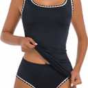 Women's Swimsuit Tankini Tummy Control Bathing Suits Two Piece Modest Swim Suits High Waisted Shell Stitch Swimwear (Gray, L)