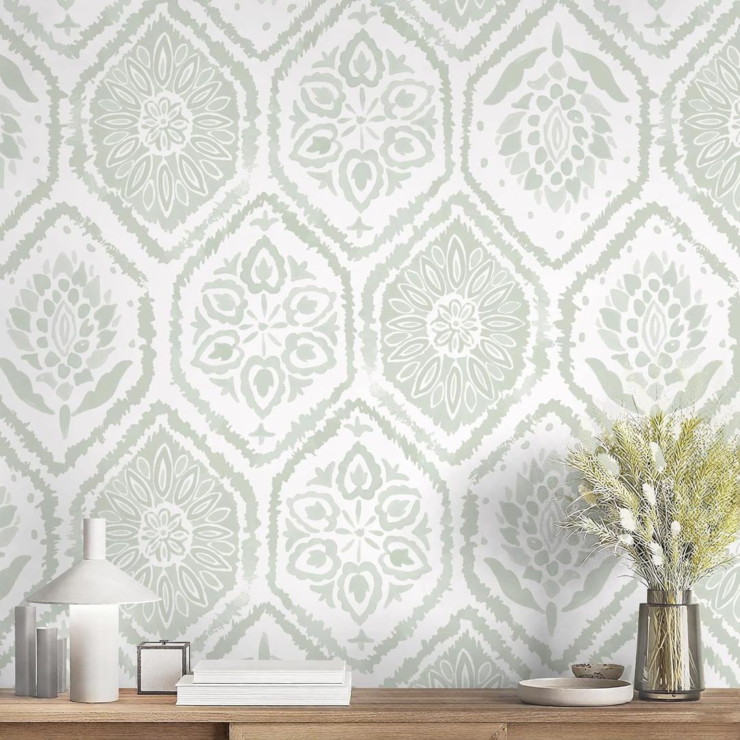 HeloHo Peel and Stick Wallpaper Green Contact Paper Boho Wall Paper Modern Geometric Removable Self Adhesive Wallpapers for Bedroom Bathroom Cabinet Waterproof Decor Vinyl Rolls 78.8" X 17.3"