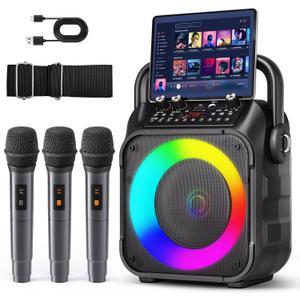 Karaoke Machine, Portable Bluetooth Speaker with 3 Wireless Microphones for Adults & Kids with Lights, Karaoke Microphone with PA System Supports USB/TF/FM/AUX for Home Party Home System Packages (Dark Black-3Mics)