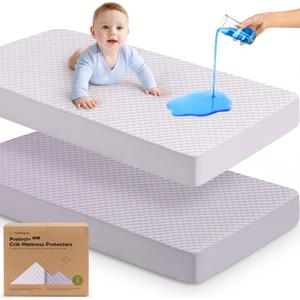 2-Pack Waterproof Crib Mattress Protector Cover Fitted - Quiet Baby Crib Mattress Pad Sheets, 52" x 28" Soft Quilted Cotton Baby Sheet, Machine Washable, Easy Fit, Durable (Thistle/Quin)