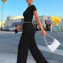 Trendy Queen 2 Piece Matching Summer Lounge Set Womens Side Ruching Top Wide Leg Pants Sets with Pockets (Black), M