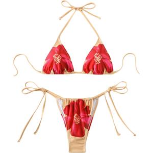 SHENHE Women's 2 Piece Floral Bikini Set Triangle Tie Side Halter Swimwear Bathing Suit (Medium, Multicolor-flower Print)