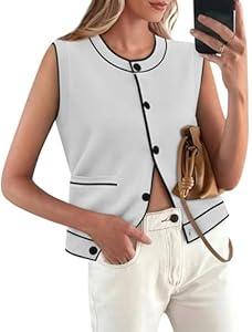 Yousify Sweater Vest Women Casual White Tops Button Down Cardigan Fitted Sleeveless Shirts Summer Tops 2025 with Pockets, (Small)