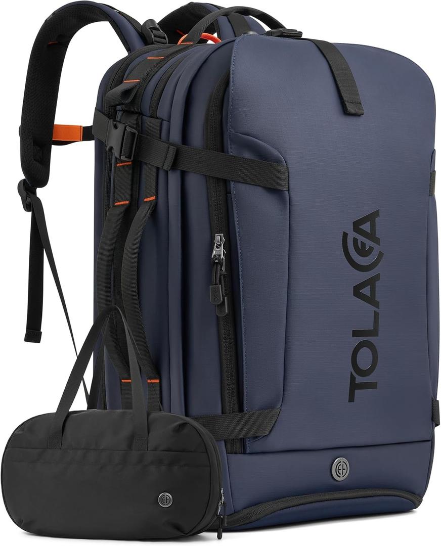 Tolaccea Travel Laptop Backpack, TSA Friendly Flight Approved Carry-on Business Rucksack Work Backpack with Extra Toiletry Bag, Dual Storage for 17.3" Laptop and 12.9" Tablet, 40-45L Expandable (Navy Blue)