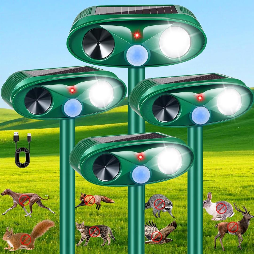 Upgraded Solar Deer Repellent Devices Ultrasonic Animal Repeller Outdoor with Motion Sensor & Flashing Light, Animal Deterrent Devices for Cat Squirrel Raccoon Dog Rabbit Skunk for Yard Garden, 4 Pack