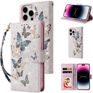 UEEBAI Wallet Case for iPhone 13 Pro Max 6.7 inch, PU Leather Case Kickstand RFID Blocking Flip Case Card Slots Wrist Strap Relief Engraved Pattern Magnetic Closure Flower Folio Case, Blue Butterfly