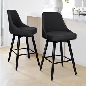 ALFORDSON Swivel Counter Height Bar Stools Set of 2, 26" H Modern Barstools with Full Backrest, Upholstered Bar Chairs for Kitchen Island Dining, Metal Legs, Fabric, Black