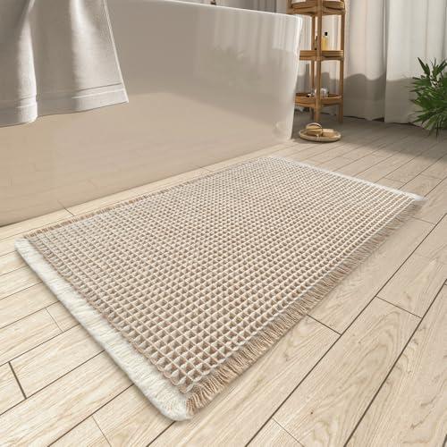 Upgraded Waffle Bath Mat, Super Absorbent Non Slip Bath Mats for Bathroom Floor, Machine Washable Bathroom Rugs with Tassels, Rubber Backed Bathroom Mats, Brown & Cream