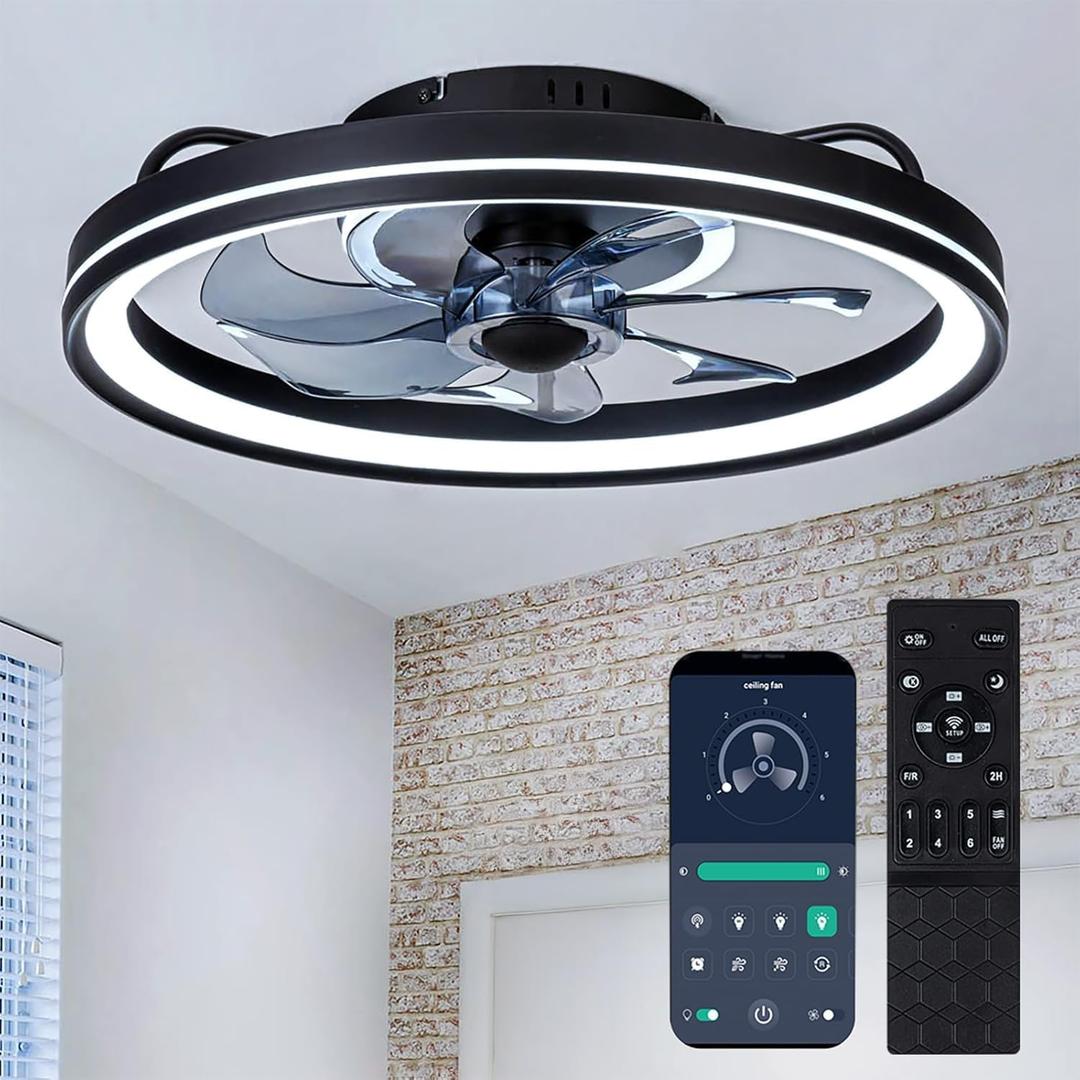 zouzai Low Profile Ceiling Fan with Lights and Remote, 18.9 inch Modern Ceiling Fans Flush Mount, Dimmable LED Fan Light, Ceiling Fans with Lights for Bedroom (Black, Frosted Ring) (Style 1, Black)