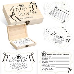50 Pcs Black Bow Graduation Advice & Wishes Cards with Wooden Box, Class of 2026 Grad Party Supplies, Guest Book Alternative, Double Sided Cards Games Party Favors for High School College University