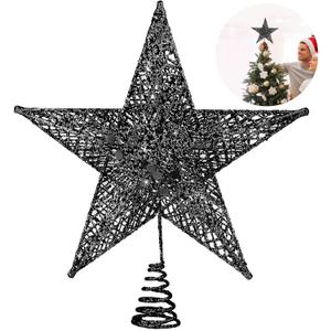Fovths Christmas Tree Topper 8 Inches Metal Glittered Christmas Tree Topper Wire Star Treetop Sparkle Xmas Decoration for Christmas Tree Ornament Indoor New Year Holiday Party Supplies (Black)