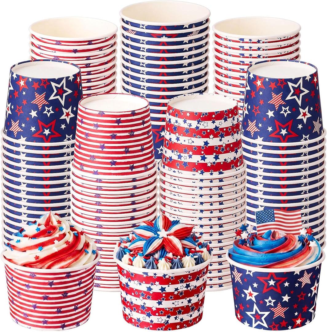 Newtay 120 Pcs 4th of July Paper Ice Cream Cups Bulk American Flag Disposable Paper Cups 8oz Patriotic Ice Cream Bowls Dessert Treat Snack Soup Bowls Party Supplies for Independence Day Party Favor, one size