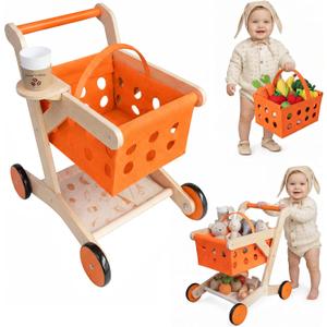 Wooden Baby Walker Shopping Cart for Toddlers, Orange Pretend Grocery Cart