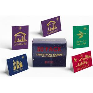 Better Office Products 50 Pack Religious Christmas Cards with Embossed Gold Foil Accents, 5" x 7", High Gloss, Gold Foil Interior Greeting, with 50 Envelopes, 50 Count Boxed Assortment