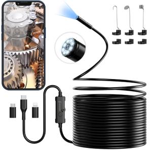 Endoscope Camera with Light, 1920P HD Borescope Camera with 8 Adjustable LED Lights, 32.8ft Semi-Rigid Snake Camera with Light, IP67 Waterproof 7.9mm Inspection Camera for iOS and Android (32.8 ft)