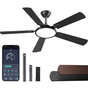 OJX Ceiling Fans with Lights, 52 inch Ceiling fan with Light and Remote/APP Control, 3CCT, Quiet DC Reversible, Dimmable, Modern Ceiling Fan for Bedroom, Living Room, Kitchen, Indoor/Outdoor Use (Black)