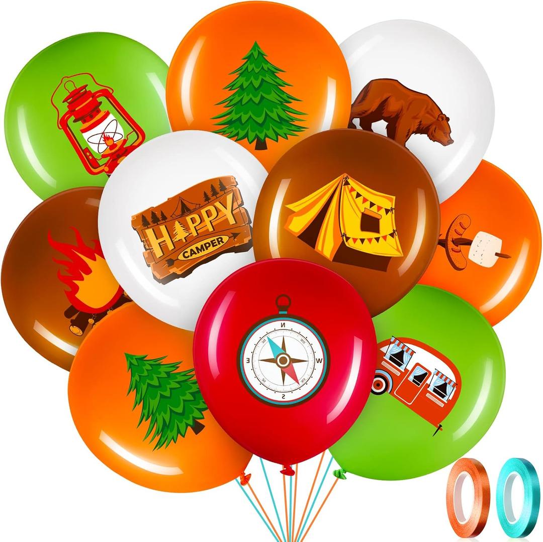 45 Pcs Camper Balloons, Colorful Camping Party Balloons Decorations, Camping Adventure Party Supplies with Green and Brown Ribbon Latex Balloon Kits for Boy Girl Hiking Camper, 12 Inch
