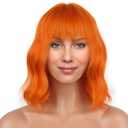 LANICE Short Bob Wigs with Bangs for Women Loose Wavy Hair Shoulder Length Orange Wigs Synthetic Colorful Wigs for Cosplay Daily Party Use (Orange, 12inch)