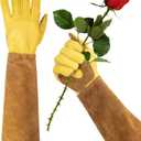 Long Gardening Gloves for Women Thorn Proof,Rose Pruning Cowhide Leather Garden Gloves for Cactus, Rose and Blackberry (Brown-medium)