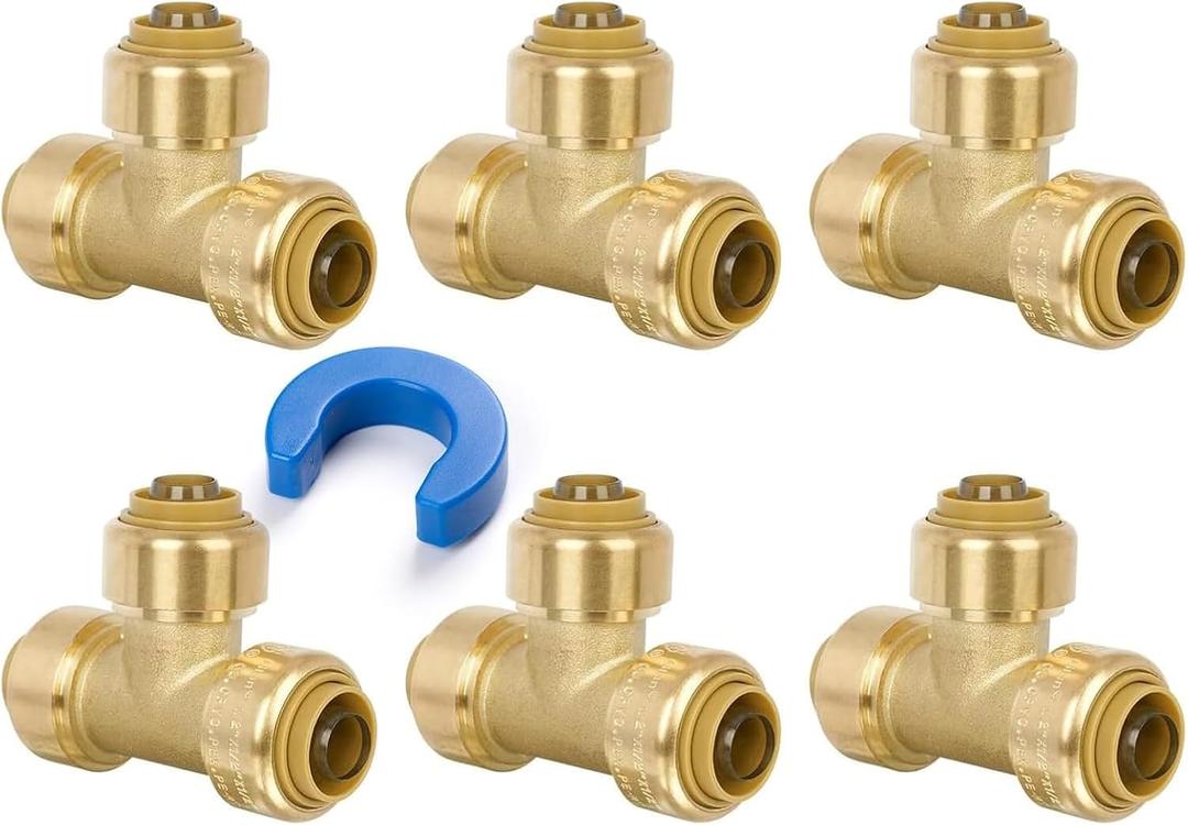 1/2" Pex Tee Pushfit, Push to Connect Brass Plumbing Fitting for Copper, CPVC, PEX Pipe, Brass Pex Fitting with Upgraded Stiffener, Disconnect Clip Included, NSF & UPC Certified, 6 Pack