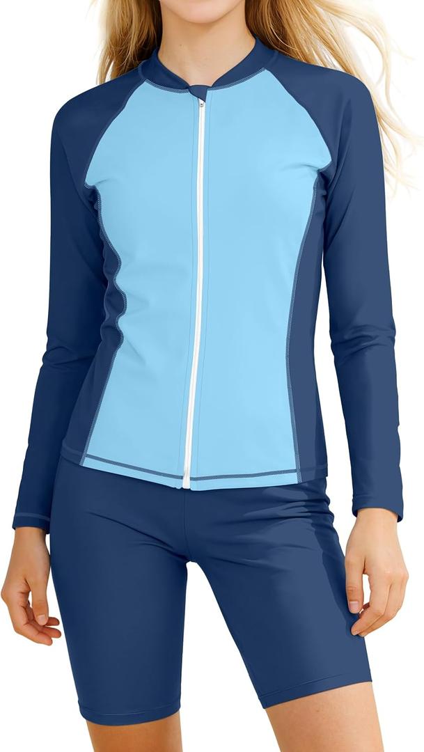 CrabQueen Girls Rash Guard Swimsuit 2 Piece Bathing Suit Long Sleeve Swimsuits UPF 50+ Sun Protection Girls' Swimwear 13-14Y (Blue)