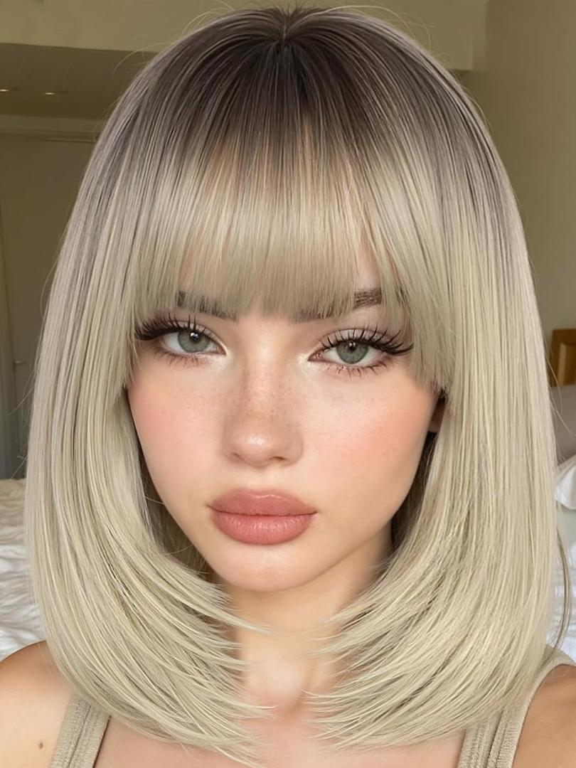 FANCEE Ash Blonde Layered Wigs with Bangs 14 Inch Short Ombre Platinum Blonde Glueless Ready-to-Go Straight Synthetic Bob Wigs with Dark Roots for Women Realistic Scalp Daily Cosplay Use