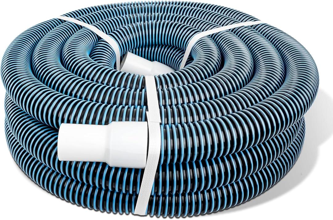 1-1/4 Inch x 27Ft Heavy-Duty Spiral Wound Pool Vacuum Hose with Kink-Free Cuff - Durable, Flexible, Universal Fit for Pool Maintenance, White, Blue