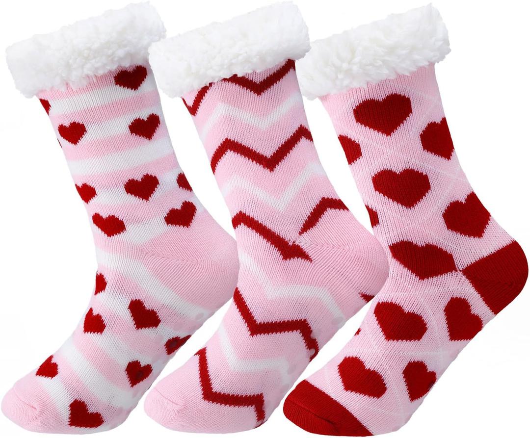Mepase 3 Pair Sherpa Slipper Socks for Women Fuzzy Non Slip Slipper Socks Winter Thick Cabin Gift for Valentine Day