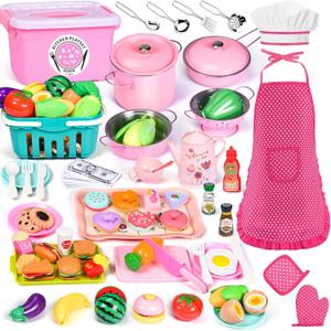 121Pcs Play Kitchen Accessories, Kids Kitchen Playset, Pretend Play Food Tea Party Set, Toy Kitchen Kids Cooking Real with ApronChef Hat, Utensils Cookware PotsPans, Toy Organizer, Toddler Toys Gift (Pink)