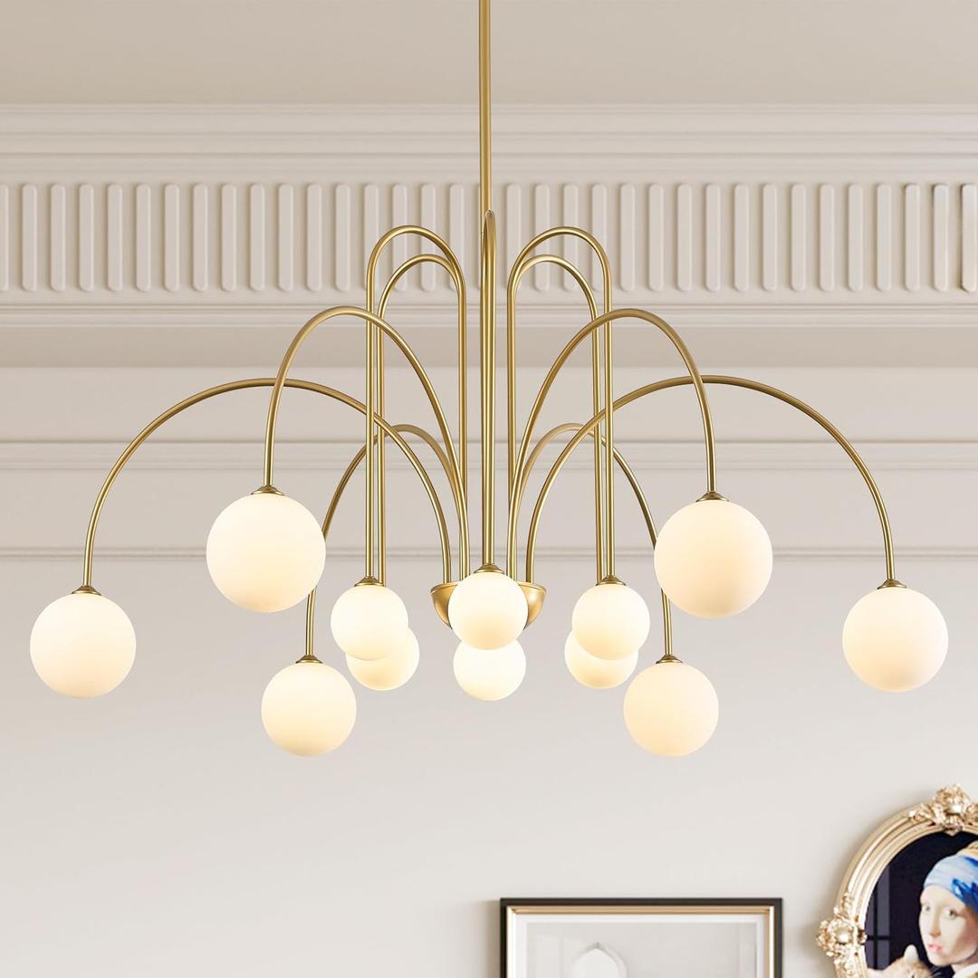 Large Sputnik Chandeliers 12 Lights Modern Gold Chandelier for High Ceiling L52 Mid Century Ceiling Pendant Light Fixtures with Milk Glass Globe Shades for Living Dining Room Foyer Staircase