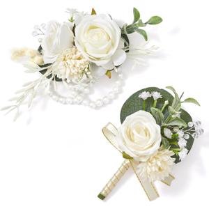 Serwalin White Rose Corsage and Boutonniere Set, Boutonniere for Men and Wrist Corsage Wristlet Prom Homecoming Wedding Flowers Accessories Party Suit Decorations