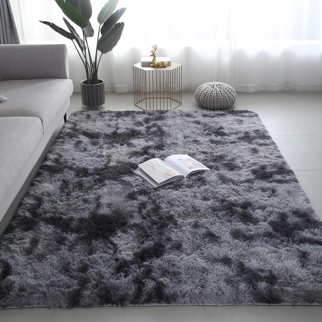 Shag Area Rugs for Bedroom Living Room,5X8 Ultra Soft Fluffy Area Rugs for Dorm, Indoor Carpet Nursery Rugs for Kids Room Home Decor, Black Grey