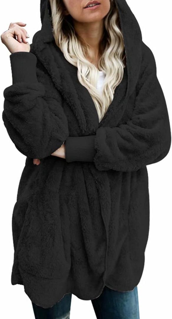 Dokotoo Womens 2025 Winter Long Sleeve Solid Fuzzy Fleece Open Front Hooded Cardigans Jacket Coats Outerwear with Pocket (Black, L)