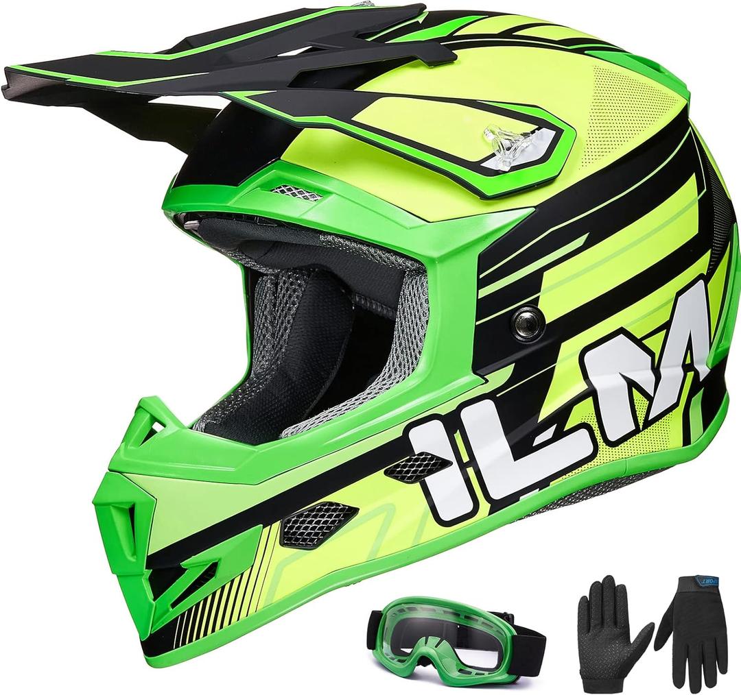 ILM Youth Kids Dirt Bike Helmets ATV Motocross Motorcycle Off-Road Dirtbike Full Face Dot Four Wheeler Helmet Combo Gloves Goggles for Boys Girls Model H613(Fluorescent, Small)