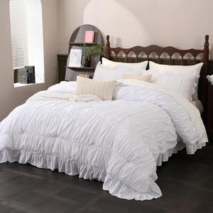Herside White Comforter Set King Size,Ruched Boho Bedding Bed-in-a-Bag for All Seasons,Fluffy Luxury Ruffle Bedding Set with Comforter, Flat Sheet, Fitted Sheet, Pillow Shams, Pillowcases