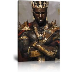 African King Wall Art African American Wall Art Afro King Crowns Portrait Artwork Picture Abstract Canvas Prints Painting Framed for Living Room Bedroom Home Decor Framed(28''W x 44''H)