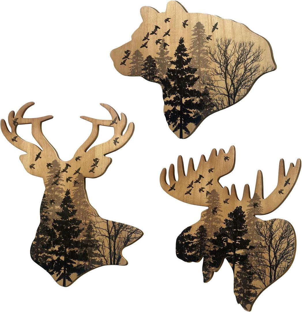 VividLadybug Trio Wildlife Accent Wood Wall Hanging Woodland Animal Wall Art Wood Wall Art Hanging Rustic Animal Cottage Decor Home Cottage Wall Decor Set of 3 (log color)