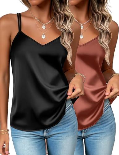 Zeagoo Silk Camisole Tops for Women 2025 V Neck Satin Tank Top Spaghetti Strap Cross Back Sleeveless Summer Blouses, S