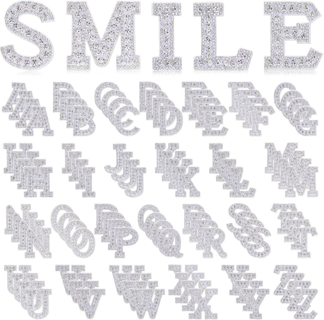 Zeyune 104 Pcs Rhinestones Pearls Iron on Decorative Letter Patches A-z Bling Glitter English Alphabet Applique for Sew on Clothes Bags Hats DIY Craft Supplies, 4 Colors(Diamond Style)