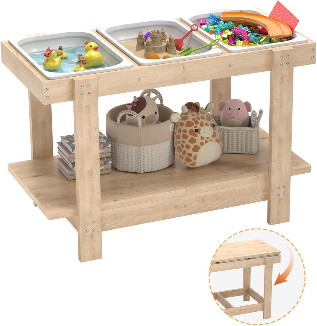 Sensory Table, Sensory Table for Toddlers 1-3, Kids Activity Desk with 3 Foldable Storage Bins, Play Sand and Water Desks for Indoor Use, Wooden Kids Play Sand Desk for Drawing, Studying, Dining