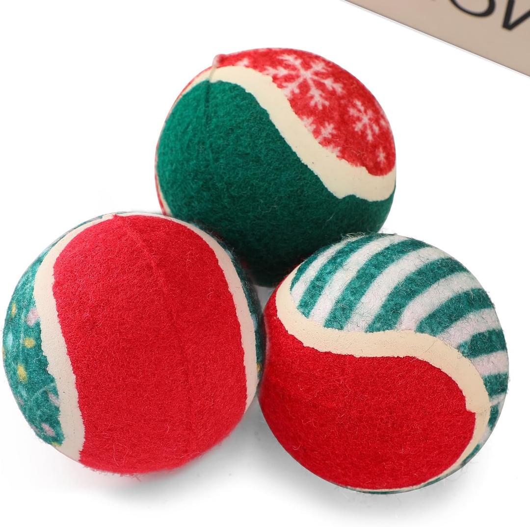 2 x LUCKITTY 3 Packs Christmas Dog Tennis Balls Interactive Toy Puppy for Small Medium Dogs Training Playing- Red, White, and Green Color Blocking Patterns 2.5 Inch