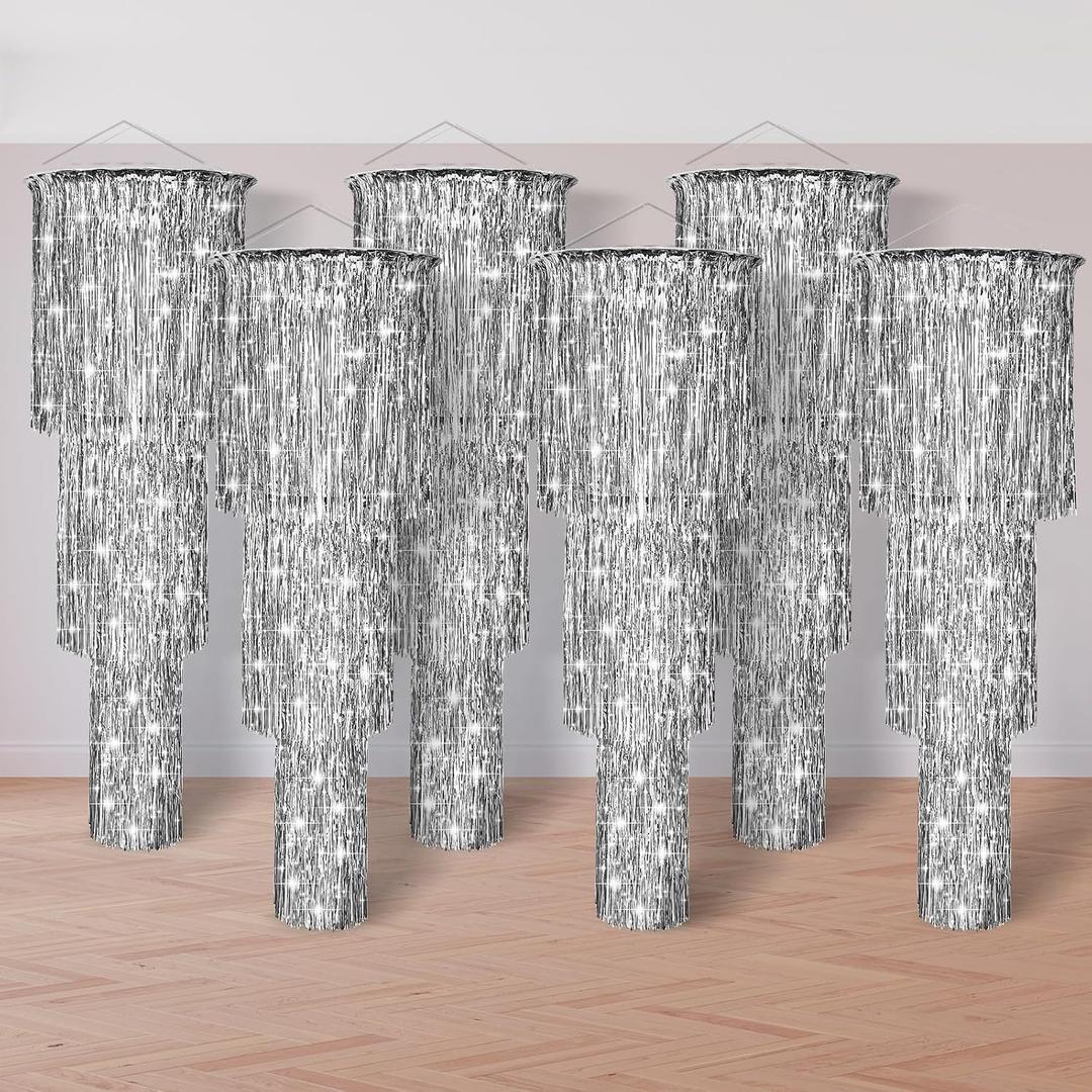 6 Pcs 3 Tier Metallic Tinsel Chandelier Shimmering Fringe Chandelier Decor Hanging Decoration Photo Booth Backdrop for Birthday Anniversary Wedding Party Supplies, 4 Ft(Silver)
