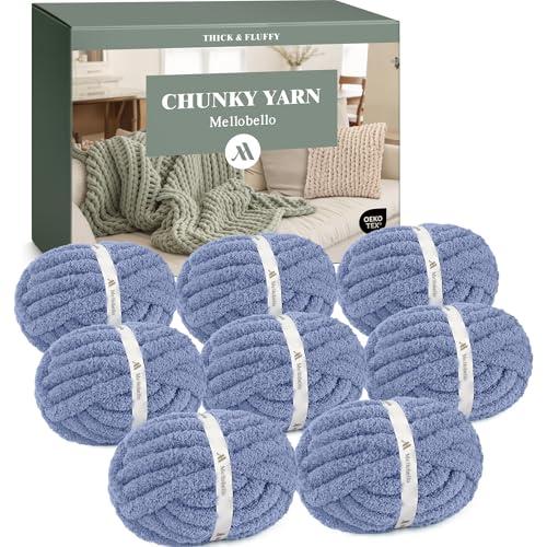 Mellobello Jumbo Chunky Yarn for Hand Knitting - Super Thick Chenille Chunky Yarn for Crocheting - Extra Soft Bulky Fluffy Blanket Big Yarn 8 Jumbo Pack (27yds,8 oz Each Skein) Country Blue