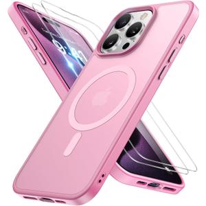 Miracase Magnetic for iPhone 15 Pro Case 6.1 inch (Compatible with MagSafe)with 2X Screen ProtectorsMilitary-Grade Protection, Anti-Fingerprint Translucent Matte Phone Cover, Mes Pink