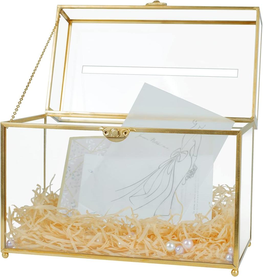 Glass Wedding Card Box with Slot, Large Clear Card Box Gold Brass Gift Card Storage Box Perfect for Wedding Receptions, Birthday Party, Bridal Shower Greeting Card Organizer