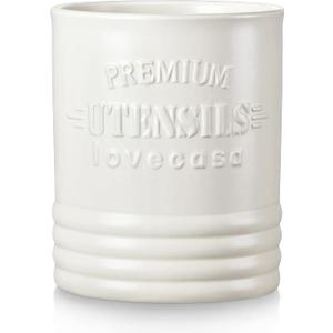 LOVECASA Vintage Utensil Holder for Kitchen Countertop, 7.2” Large Ceramic Utensil Crock for Home Décor, Farmhouse Utensil Vase for Housewarming, Wedding, Birthday Gift - Cream White
