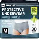 SUNKISS Super Soft Incontinence Underwear for Men, Daytime Disposable Adult Pull Ups, Mens Protective Diapers with Maximum Absorbency, Medium, Grey, 30 Count